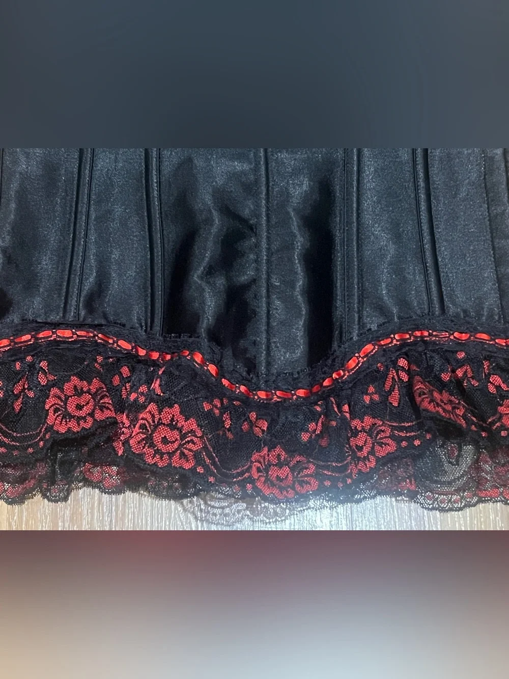 Y2K Gothic Grunge Black Satin Corset Top with Red Ruffle Lace Trim Size M